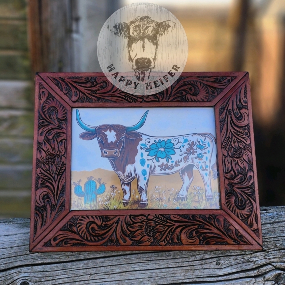 Rustic Brown Handtooled Leather Western Photo Frame NWOT